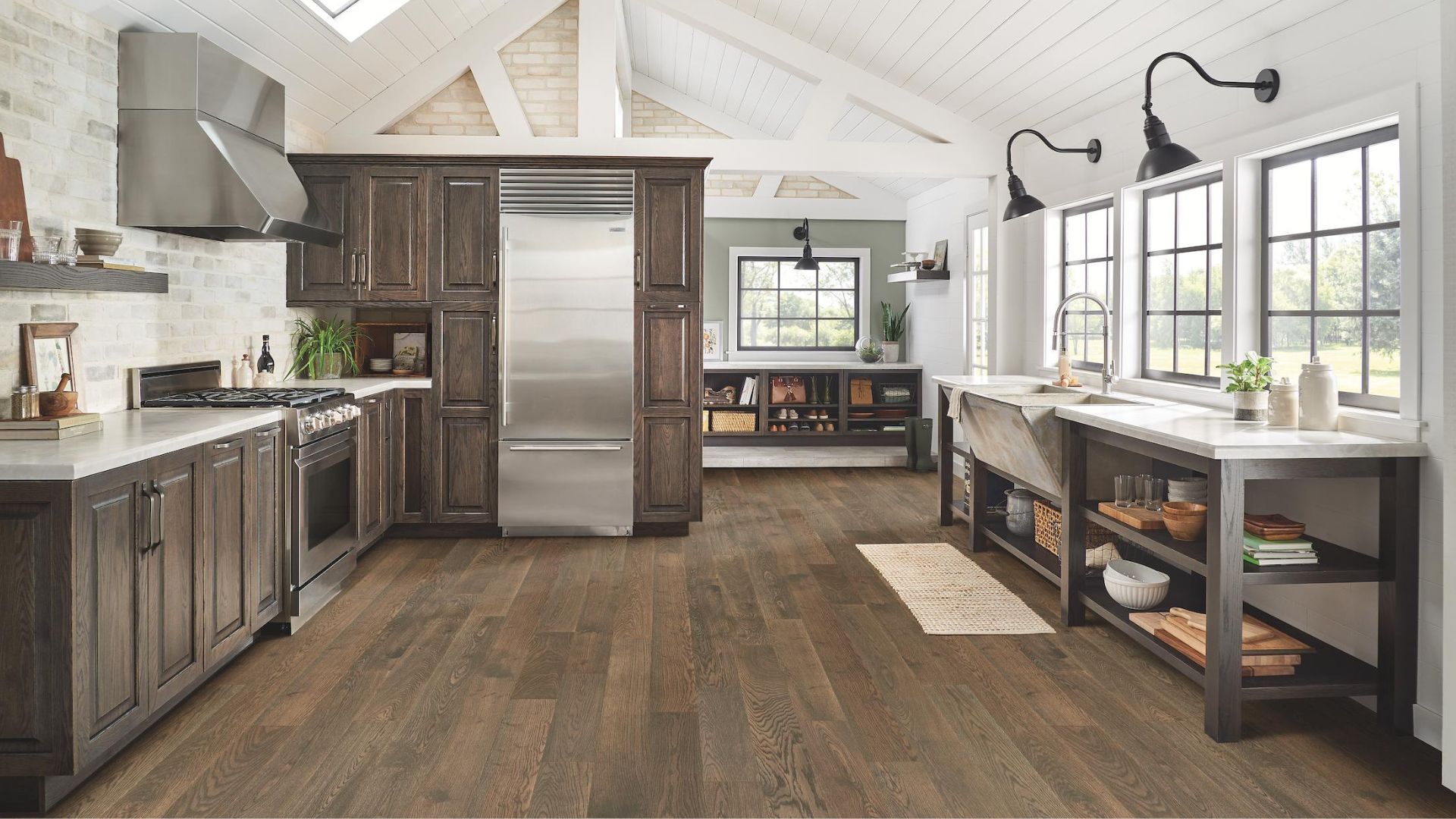 rustic hardwood planks in a stylish farmhouse kitchen